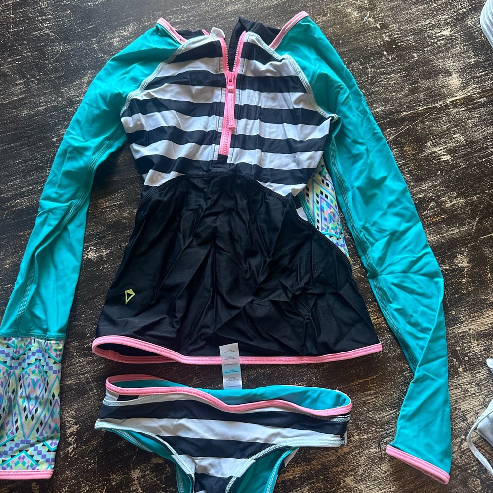 Ivivva Teal and Black Striped Kids Swim Rashguard Set